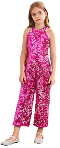 Aislor Jumpsuit Mädchen Festlich Disco Outfit Einteiler Overalls Glitzer Oberteil Ärmellos Bodysuit Schlaghose Weites Bein Hose Karneval Party Hellrosa 146-152
