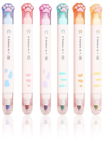 NYGGTYK 6 Stück Textmarker, Kawaii-Schulbedarf, Stempelstifte, doppelbeendige Textmarker, Schulbedarf, Tier- und Katzen-Design, ideal für Büro, Tagebuchbedarf