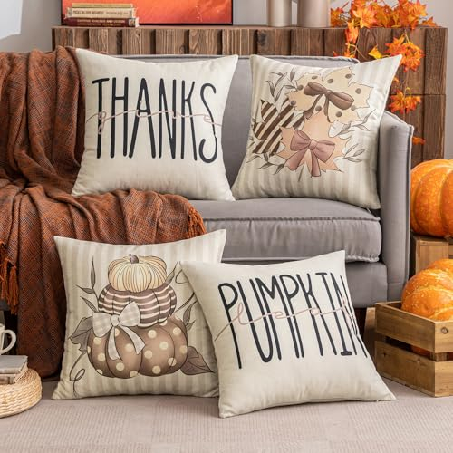Slozzi 4er Set Herbst Drucke Kissenbezug Dekorative Kissen Geometrische Kissenhülle Sofakissen Zierkissen Kürbis Auto Dekokissen Weich für Sofa Schlafzimmer Wohnzimmer 45x45 cm Gestreifter Kürbis