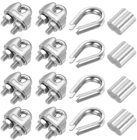 PATIKIL Wire Rope Accessory Set, 304 Stainless Steel 8 Pcs Cable Clip Clamp 4 Pcs Thimble 4 Pcs Aluminum Crimping Loop Sleeve for M4/5/32 Cable Rope