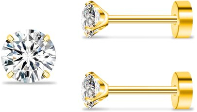 ZDE Titan Damen flache Ohrringe für Frauen Zirkonia Ohrstecker 3mm/4mm/5mm flache zurück Ohrringe hypoallergen Knorpel Flatback Ohrring Schmuck