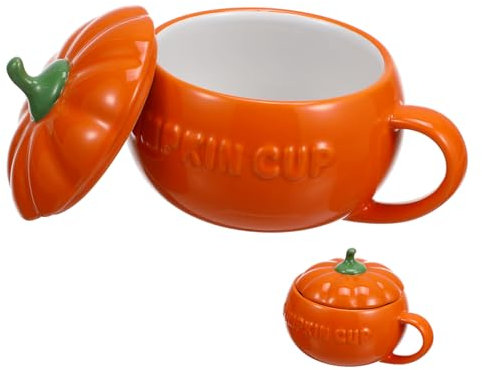 SHOWERORO 2 Tazze in Ceramica A Forma Di Zucca Di Halloween Con Coperchio Colazione Contenitore Per Yogurt Latte Cereali