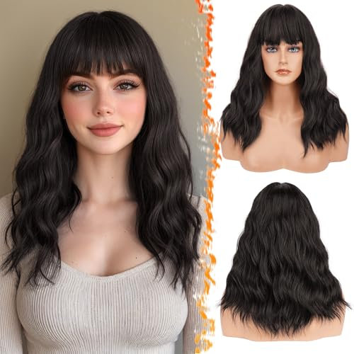 BARSDAR Lungo Parrucche Marrone con Frangia, 46cm Ondulato Parrucca con Frangia per Donna Naturali Resistenti al Calore Sintetici Capelli Parrucche Cosplay Parrucca - Marrone Scuro