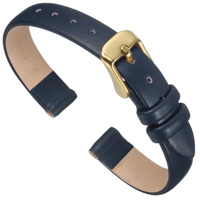 QUARKZMAN Uhrenarmband 10mm Leder mit Gold Edelstahl Schnalle (Dunkelblau) | Uhrenarmbänder Vintage Ersatzarmband für Smartwatch Universal Uhr Elegantes Damen Herren