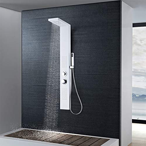 Cinyiqo 142372 Shower Panel System Aluminium Matte White Shower Panel Column Tower Multiple Function,Waterfall Rainfall Shower Head Body Jets Handheld Shower and Bath Spout Wall Mounted Shower System