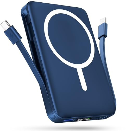 Podoru Powerbank für Magsafe,10000mAh Magnetisch Power Bank mit USB-C Kabel | Integrierte 2 USB‑C Kabel, 20W PD Schnellladung, LED Display, Wireless Externe Handyakkus für iPhone 17/16/15/14/13/12