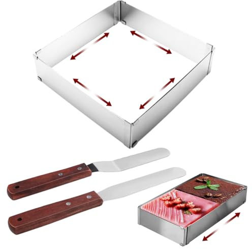 Teglia per Torte Rettangolare, Regolabile 15 a 28 cm in Acciaio Inox Anello Torta Rettangolare, Alto 5 cm Anello per Torte Regolabile Rettangolare con 2 Spatole per Cottura, Preparazione di Dolci