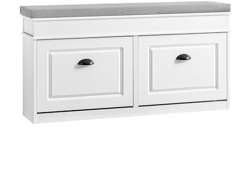 SoBuy Meuble Chaussure Rangement Chaussure Banc Chaussures Entrée - 2 Abattants avec Coussin Amovible, Coffre de Rangement Étagère pour Entrée Étroit L104xP24xH54cm Effet Bois Vieilli Blanc FSR64-WG