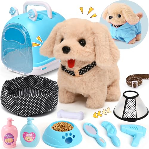 Tacobear Walking Dog Toys for Kids with Carrier Clothes Leash, Electronic Pet Interactive Plush Puppy Barking Wagging Tail Realistic Robot Dog Pretend Play Toys Gifts for 3 4 5 6 Year Olds Girls Boys