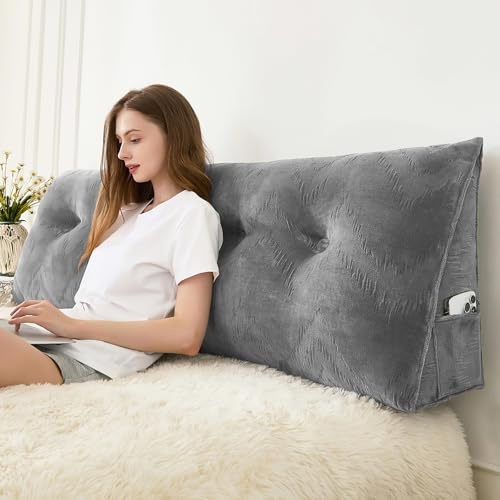 Zelladorra Headboard Pillow for Bed,Triangular Wedge Pillow Headboard Soft Support While Reading and Resting,Bed Bolster Cushion Headboard with Removable Cover,Grey, Queen (59x8x20)