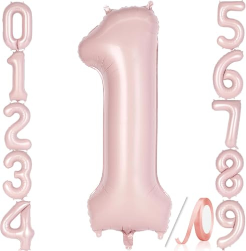 Number 1 Balloon BaBy Pink, 40 inch Foil Number Balloon Pastel Pink and Pink Ribbon for Birthday Party Celebration Decoration