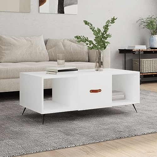 mtlskopl Tavolino bianco 102 x 50 x 40 cm in legno con gambe in ferro, design moderno e 3 vani portaoggetti, robusta tavoletta da caffè per soggiorno, camera da letto e ufficio