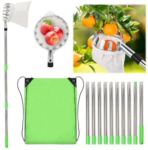 GAESHOW Raccogli Frutta Telescopico 4M, Raccoglitore di Frutta con Manico Telescopico, con Palo in Acciaio Inox Leggero e Sacchetto di Cotone, Picker per Apple Limone Cherry
