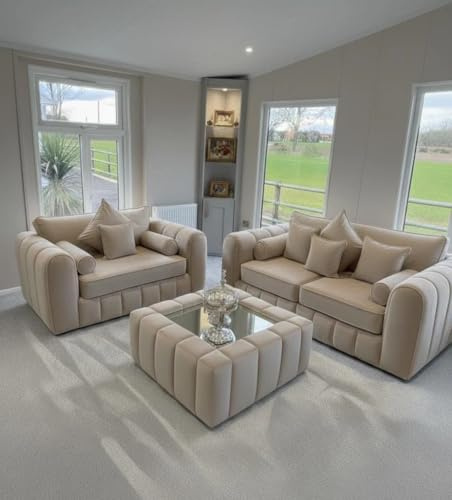 3 + 2 Seater Lilly Sofa Set for Living Room with Free Coffee Table | Comfortable Fabric Sofa Set | Modern Design | Available in Beige, Cream, Dark Grey & Silver (Beige)