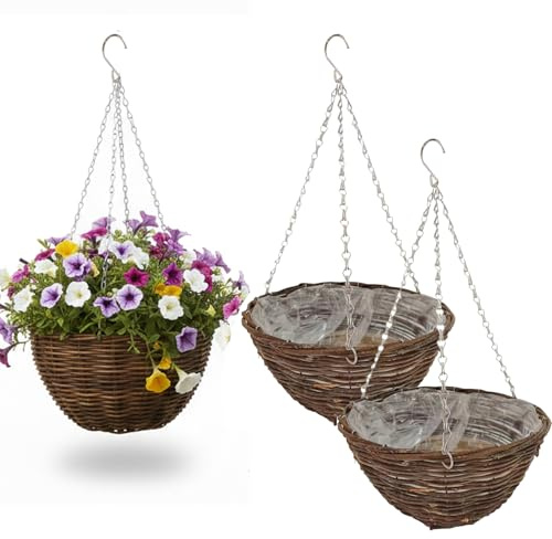 Almineez 2 x Hanging Basket Planters 30cm – 12 Inch Round Woven Willow Rattan Flower Pots with Metal Chain & Plastic Liner, Indoor Outdoor Hanging Planters for Plants, Flowers, Patio, Balcony & Garden