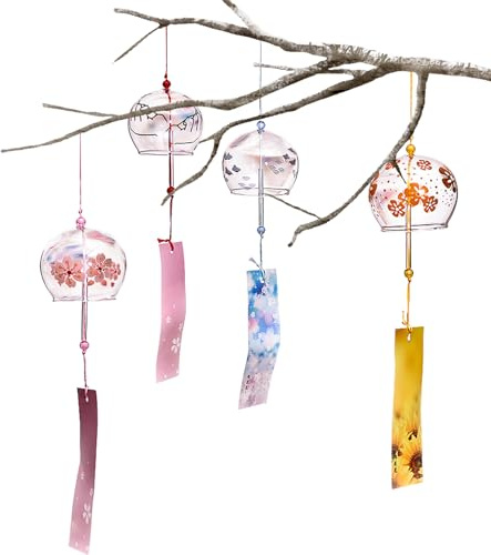 Campanelli eolici in in stile giapponese - Set di 4 vetrate fatte a mano | Ornamenti tradizionali Edo Furin per giardino e patio, decorazione da appendere all'aperto creativa, regalo