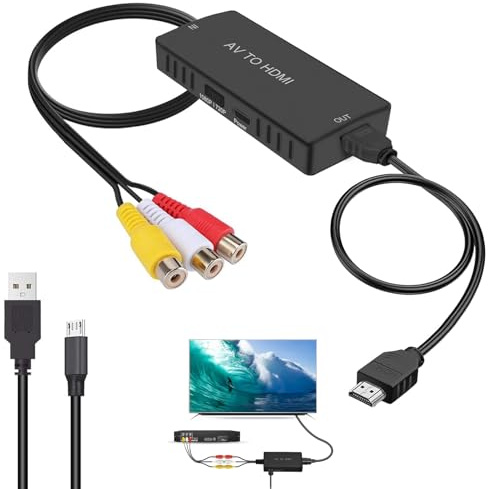 afhgdjr Adaptador RCA a HDMI, PS2 HDMI, adaptador AV 1080P con cable HDMI PS2/PS3/SNES/N64/STB/VHS/VCR grabadora de vídeo DVD, compatible con conversión 16:9/4:3 y PAL/NTSC (negro)