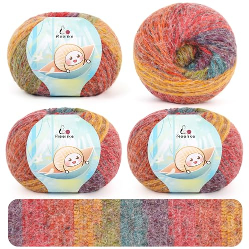 Aeelike 4 × 100g Häkel Wolle Farbverlauf, Farbe | 3mm Amigurumi Garn Langfloriges mit Farbverlauf, Weich Atmungsaktiv Babywolle zum Stricken für Anfänger Pullover Hüte, Schal