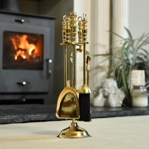Black Country Metal Works 40cm Tall Deluxe Polished Brass Traditional Fireside Companion Set Fireplace Tool Set