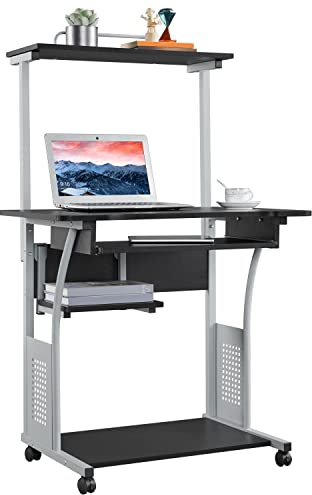 Yaheetech 2 Tier Rolling Home Office Computer Desk with Keyboard Tray & Printer Shelf Stand Study Table Corner Desk for Small Space Black