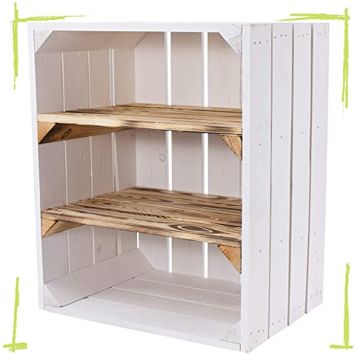 Vintage Möbel 24 GmbH Weiße Holzkiste mit 2 geflammten Mittelbrettern -quer- 50x40x30cm