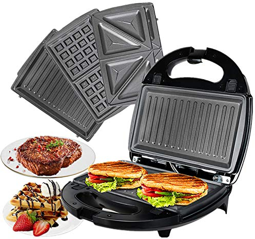 OZAVO Sandwichmaker 3 in 1, Waffeln, Paninitoaster, 3 abnehmbare Grillplatten, Tisch-Grill für Toast, Waffeln, Fleisch, Schwarz, 750W