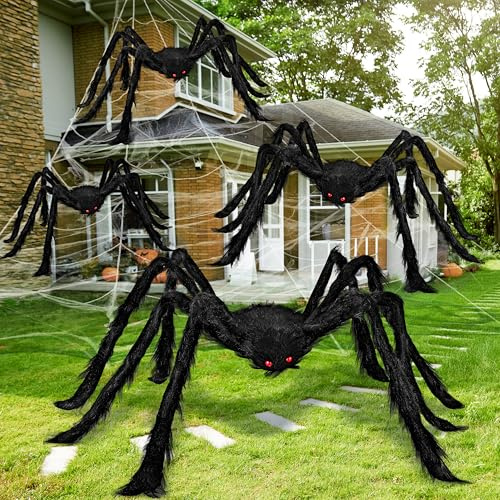 JOYIN Halloweendekorationer, 4-pack, set med spindlar, utomhusdekorationer, läskiga stora spindlar, festdekor inne och ute, spökhusrekvisita, trädgårdsdekoration, svart (152 cm, 91 cm, 61 cm, 61 cm)