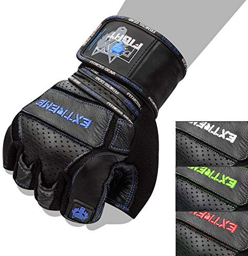 FOX-FIGHT Fitnesshandschuhe Trainingshandschuhe Kraftsport Damen Herren Leder Handschuhe Bodybuilding Sporthandschuhe mit Handgelenkbandage für Krafttraining Gewichtheben Extreme (blau, L)