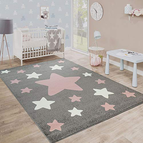 Paco Home Alfombra Infantil, Alfombra Moderna para Habitaciones Infantiles En Colores Pastel con Motivos De Estrellas, tamaño:80x150 cm, Color:Gris
