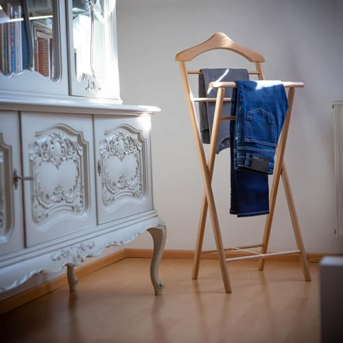 Staboos Herrendiener aus Massivholz, Bio-geölt - Stummer Diener (Buche) | Fertig montiert, Bio-geölt – Stabiler Kleiderständer, klappbar – Stiller Diener für Schlafzimmer, Ankleide, Bad & Flur