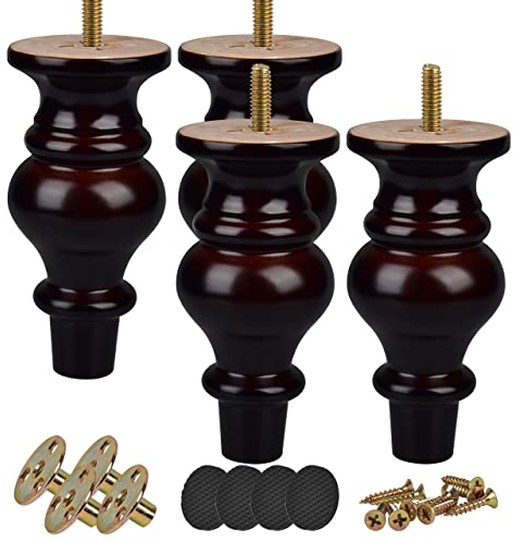 Btowin 14cm Holz Möbelfüße, 4 Stück Spindel Massivholz Tischbeine Kugelfüße mit vorgebohrten M8 5/16 Bolzen & Montageplatten & Schrauben für Sofa Couch Schrank Sessel TV-Ständer