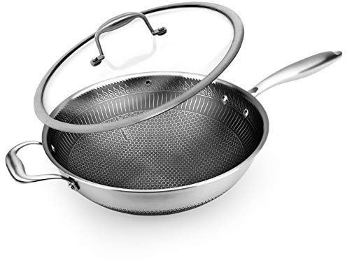 NutriChef Wok da 30,5 Centimetri in Acciaio Inossidabile, Wok Antiaderente con Coperchio in Vetro e Manico Laterale, Rivestimento DAKIN Inciso, Pattern Testurizzato al Fuoco e Resistente ai Graffi