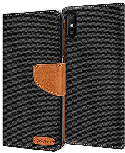 Verco Coque pour Xiaomi Redmi 9A, Étui Portefeuille Compatible avec Redmi 9A Case Textures de Fibre Housse de Protection, Noir