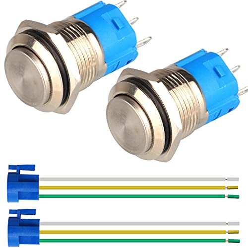 GUUZI 2pcs 19mm Autoblocante Impermeable de Acero Inoxidable Interruptor de Botón Pulsador de Metal 12V 24V 36 DC 110V 250V AC 3A 1NO + 1NC SPST (Cabeza Plana Alta)