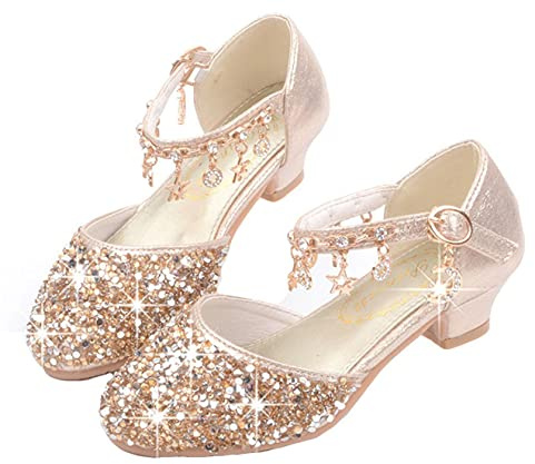 LOBTY Flickor Högklackade Skor Barn Ballerinor Prinsessa Glitter Party Bröllopsgåva Semesterskor Halloween Jul Födelsedag Fancy Dress för Present gyllene 32