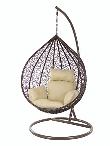 KIDEO Komplettset: XXL Hängesessel mit Gestell & Kissen, Korbsessel, Poly-Rattan, braun, groß (Kissen: Nest Hellbraun [7007 capucchino])
