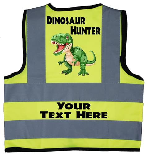 Acce Products Dinosaur Hunter Personalised T-Rex Baby, Toddler, Children, Kids Hi Vis Safety Jacket Vest Size 0-12 Months Yellow Optional Text On Front