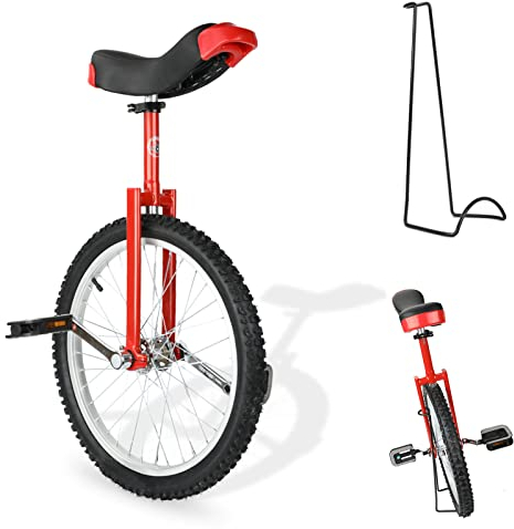 KAKASA 20 Zoll Einrad, Einrädriges Fahrrad, Höhenverstellbar Einräder, Alufelge mit stabilem Aufbewahrungsständer Gleichgewicht Radfahren Fitness für Unisex Erwachsene, Anfänger, Trainer (Rot)
