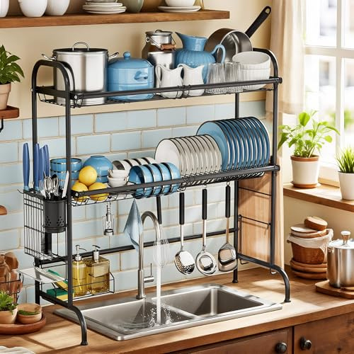 MOUKABAL Dish Drying Rack - Stainless Steel Over The Sink Dish Drying Rack (Expandable Length), 2 Tier Large Dish Rack with Utensil Holder, 32.3 - 33.9(L) x 11.4(W) x 32.3(H) Black