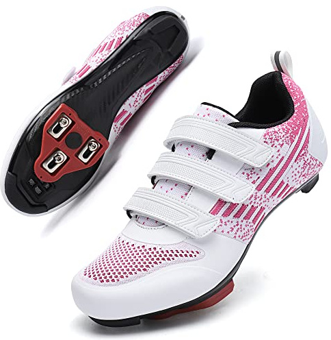 Unisex Road Bike Cycling Shoes Compatible with Peloton Shimano SPD Bike Riding Shoes for Men Women, 3 Straps, Pre-Installed Delta Cleats for Indoor Outdoor Cycling Biking Size 5.5 (White-Pink)