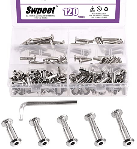 Swpeet Kit de tuercas de barril con llave Allen, 120 unidades, M6 x 16 mm, 20 mm, 25 mm, 30 mm, 35 mm, niquelado, para muebles, cinturón de cuenta, pernos de encuadernación de cuero