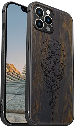 Carveit Magnetisch Hülle für iPhone 12 Pro Max Case [Elegante Schwarzholz] [Weich TPU Stoßstange] Stoßfeste Handyhülle Kompatibel mit 12ProMax Magsafe Hülle Holz （Wikingerkompass Vegvisir）