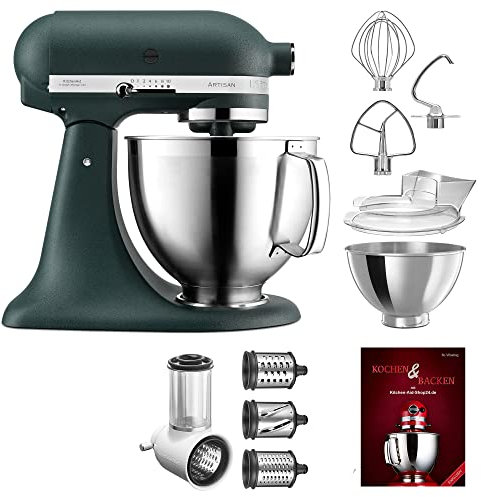 KitchenAid Küchenmaschine Artisan - P26 Starter Set 185er (GemüsNeu) - 5KSM185PSEPH inkl. Gemüseschneider (5KSMVSA) und Kochbuch (Kochen & Backen) (pebbled palm)