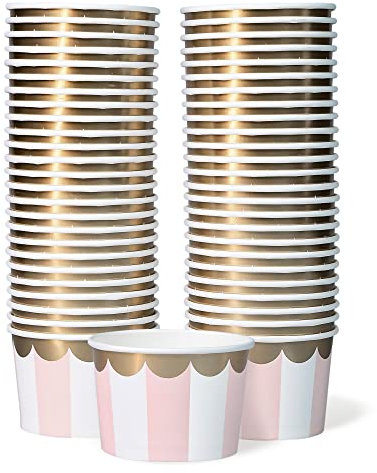 Coupes en Papier Confettiville, 50 pièces, 9 oz, Bols à Desserts Jetables pour Aliments Chauds ou Froids, Rayures Roses et Dorures