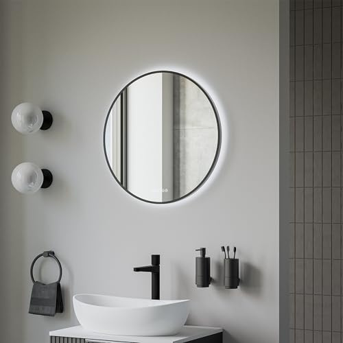 BERNSTEIN® LED Badezimmerspiegel 8232 2.0 rund Leichtmetallrahmen in Schwarz Wandmontage, Warm-/Kaltlichteinstellung Wandspiegel mit Digitaluhr und Spiegelheizung, Spiegel mit Aluminiumrahmen Ø 60cm