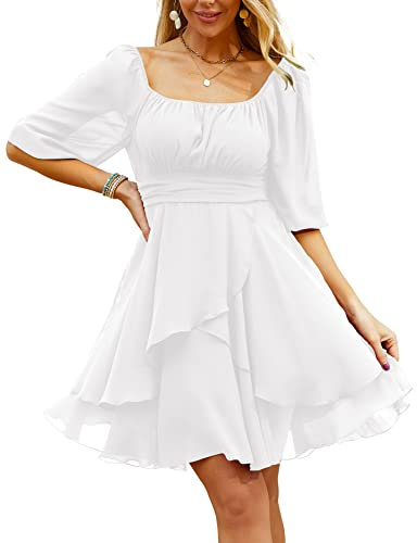 Beluring Summer Dress for Women A-Line Square Neck Wrap Elegant Ruffle Hem Flare Dress White XXL