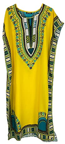 Ny lång maxiklänning i bomull för kvinnor sommar Dashiki afrikanskt strandöverdrag, gUL, en storlek