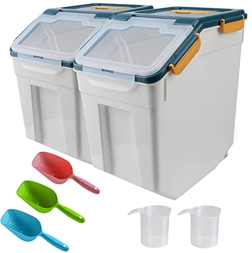 Uotyle 2Pcs 10KG Plastic Food Storage Container Box with Lid & Wheels – Large Airtight Pet & Kitchen Organizer Bin for Dog & Cat Food, Flour, Cereal, Nuts, Beans, Includes Measuring Cup & Scoop (Blue)