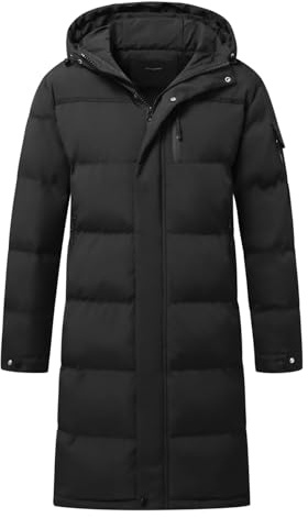 Allthemen dunrock herr vinter lång quiltad kappa med huva varm vinterrock vinterparkas, #866 svart, XL