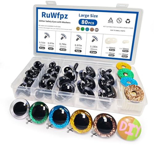 RuWfpz Sicherheitsaugen für Häkeltiere Glitzer 18-30mm - 4 Farben Puppenaugen Häkel Amigurumi Augen für Kuscheltiere, 80 Stück Große Kunststoff Teddyaugen Knopfaugen zum annähen